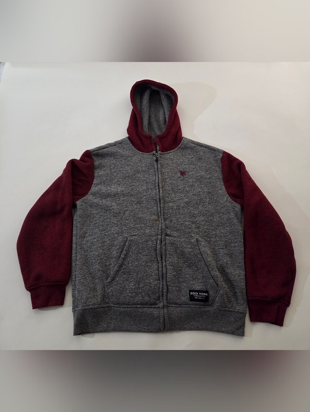 Zoo York Sherpa Lined Zip Up Hoodie Mens L Gray Burgundy Colorblock Skate Y2K